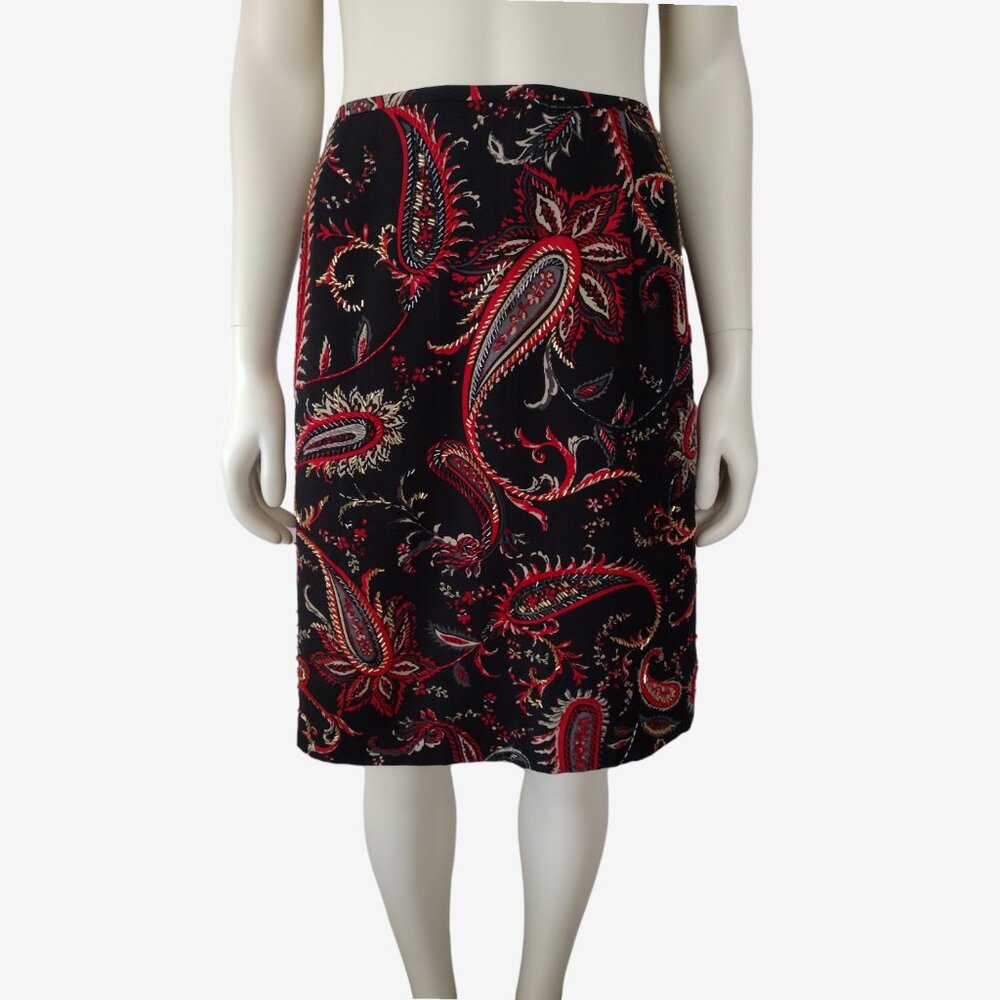 Vintage 2000s Black and Red Silk Paisley Print Beaded Pencil Skirt